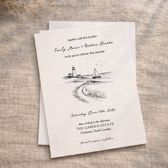 Coastal Hand Drawn Black & White Wedding Invitation (Creator Uploaded)