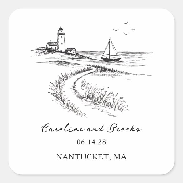 Coastal Hand Drawn Black & White Wedding Square Sticker (Front)