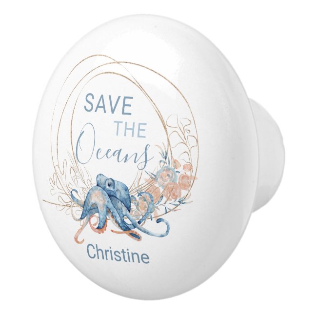 Coastal Home blue watercolor Octopus custom name  Ceramic Knob (Right)