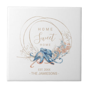 Coastal Home blue watercolor Octopus custom name Tile