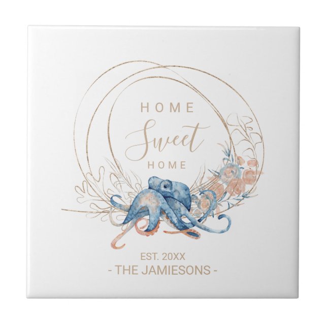 Coastal Home blue watercolor Octopus custom name Tile (Front)
