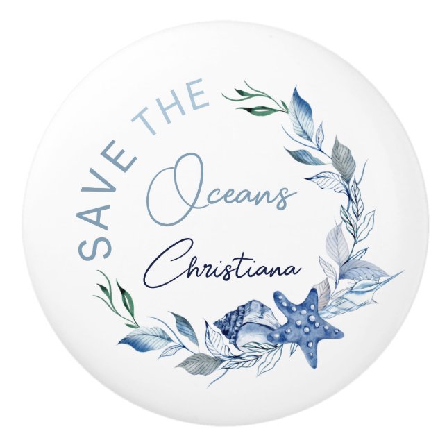 Coastal Home blue watercolor shells custom name  Ceramic Knob (Front)