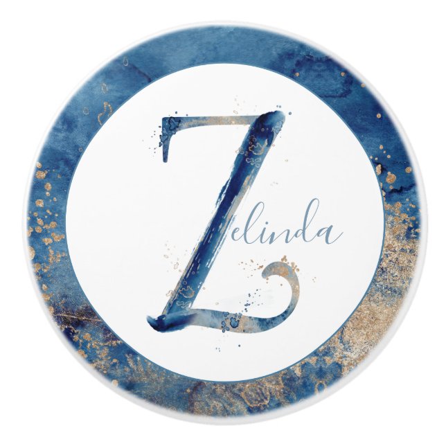 Coastal Home blue watercolor Z letter custom Ceramic Knob (Front)