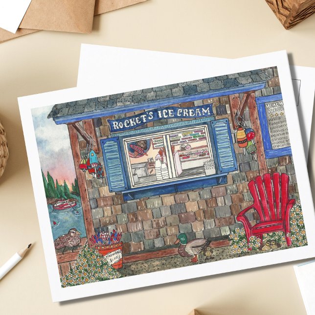 Coastal Ice Cream Shop Watercolor Postcard (Creator Uploaded)