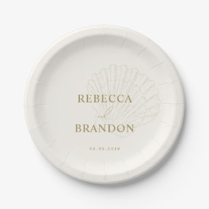 Coastal Ivory & Gold Hand Drawn Seashell Wedding Paper Plate