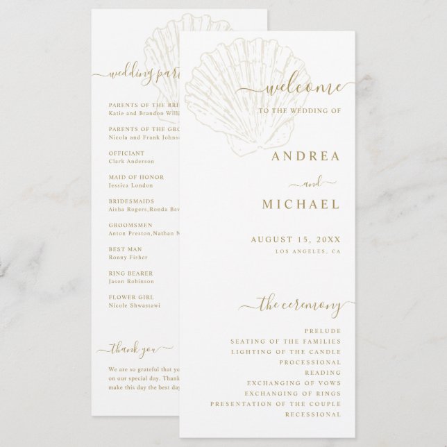 Coastal Ivory & Gold Hand Drawn Seashell Wedding Program (Front/Back)