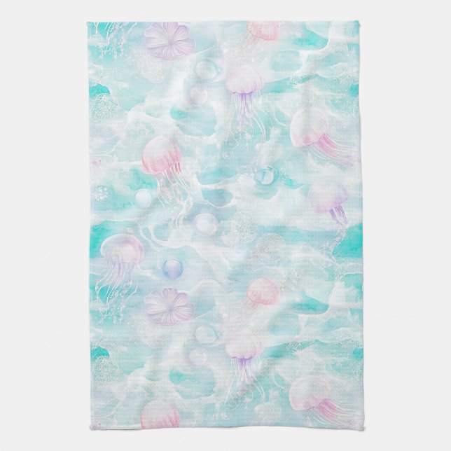 Coastal Jellyfish Watercolor Pattern Kitchen Towel (Vertical)