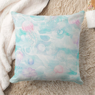 Coastal Jellyfish Watercolor Pattern Throw Pillow