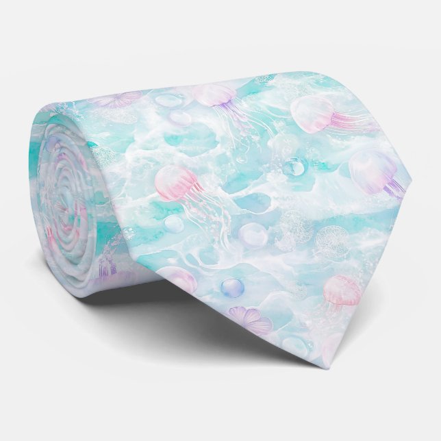 Coastal Jellyfish Watercolor Pattern Tie (Rolled)