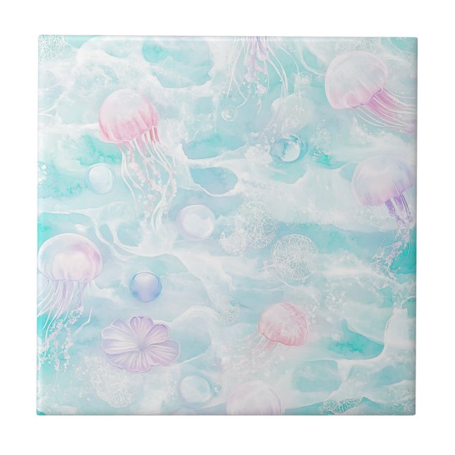 Coastal Jellyfish Watercolor Pattern Tile (Front)