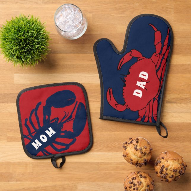 Coastal Kitchen Lobster Crab Kitchen Gift Oven Mitt & Pot Holder Set (Top Down)