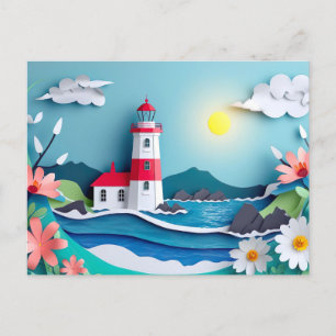 coastal landscape with a lighthouse papercut style postcard