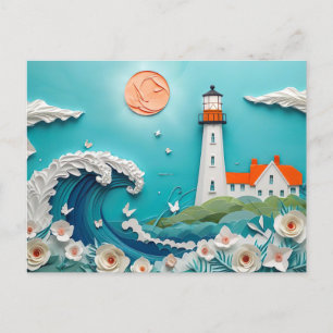 coastal landscape with a lighthouse papercut style postcard