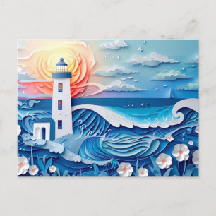 coastal landscape with a lighthouse papercut style postcard