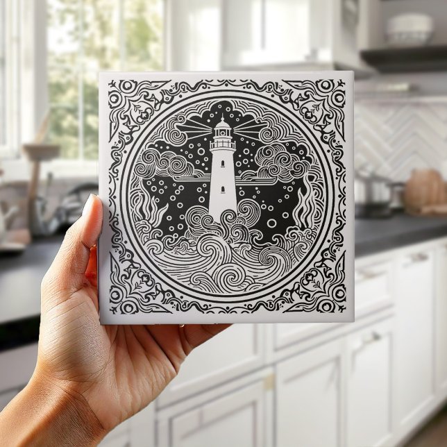 Coastal Life Series Lighthouse B & W D1208 Tile (Creator Uploaded)