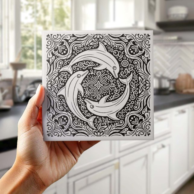 Coastal Life Series Three Dolphins B & W D1208 Tile (Creator Uploaded)