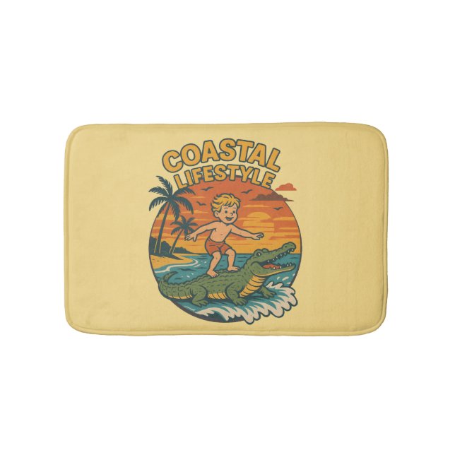 Coastal Lifestyle Gator Surfing - Retro Surf Beach Bath Mat (Front)