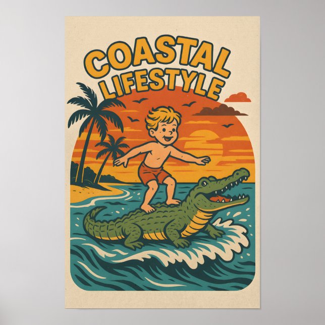 Coastal Lifestyle Gator Surfing | Retro Surf Beach Poster (Front)
