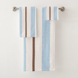 Coastal Light Blue and Brown Watercolor Striped Bath Towel Set