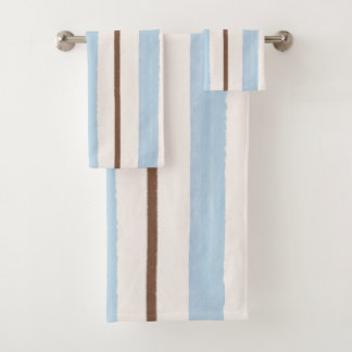 Coastal Light Blue and Brown Watercolor Striped Bath Towel Set