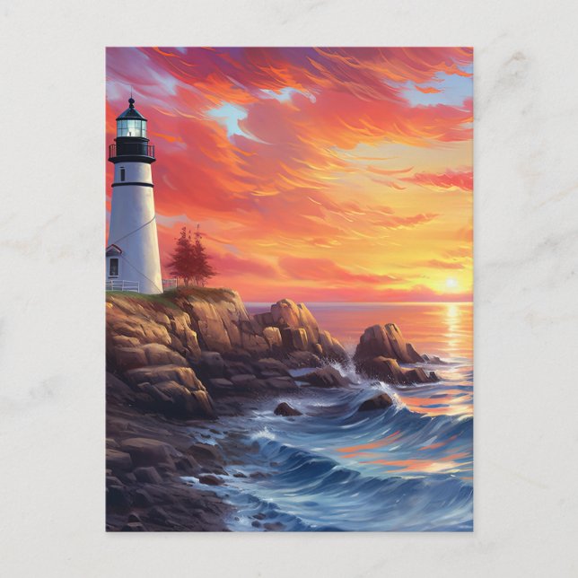 Coastal Lighthouse at Sunset Design Holiday Postcard (Front)