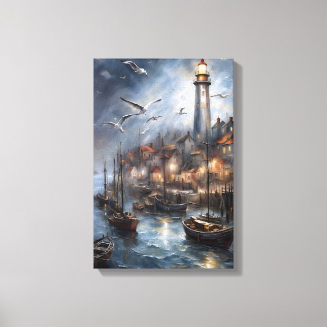 Coastal Lighthouse at Twilight Nautical Art Canvas Print (Front)