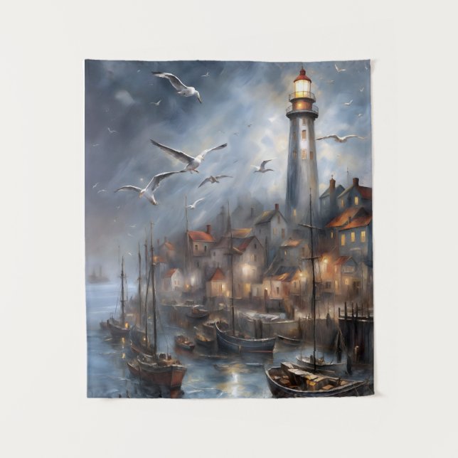 Coastal Lighthouse at Twilight Nautical Art Tapestry (Front)