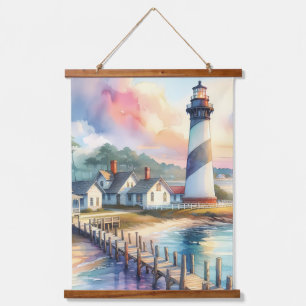 Coastal Lighthouse & Beach Cottages Scene Hanging Tapestry