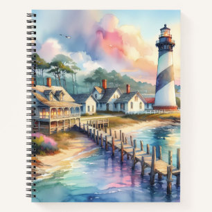 Coastal Lighthouse & Beach Cottages Scene Notebook