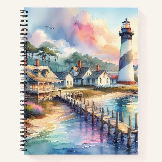 Coastal Lighthouse & Beach Cottages Scene Notebook (Front)