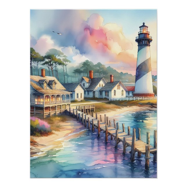 Coastal Lighthouse & Beach Cottages Scene Poster (Front)