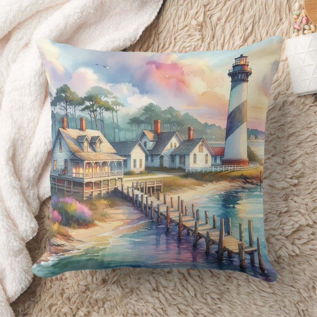 Coastal Lighthouse & Beach Cottages Scene Throw Pillow (Blanket)
