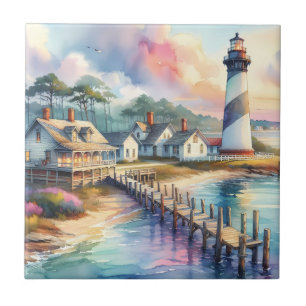 Coastal Lighthouse & Beach Cottages Scene Tile