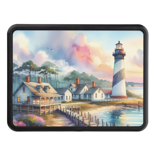 Coastal Lighthouse & Beach Cottages Scene Trailer Hitch Cover (Front)