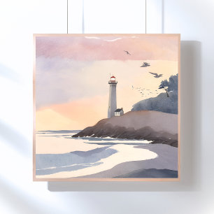 Coastal Lighthouse   Beach Watercolor Painting Poster