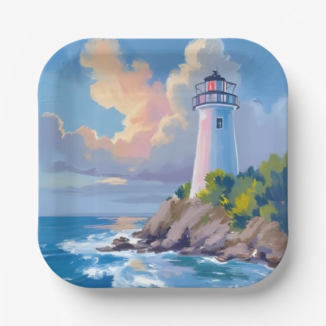 Coastal Lighthouse | Blue Ocean Waves Sea Paper Plate (Front)