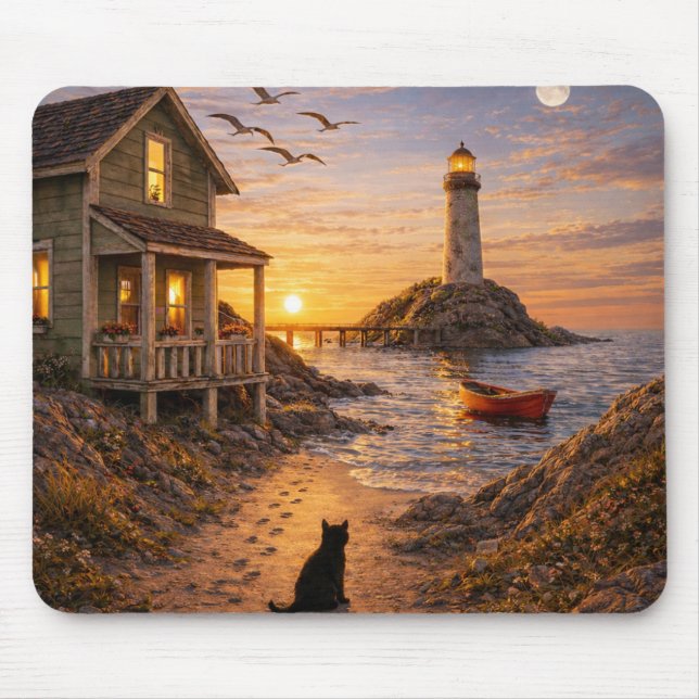 Coastal Lighthouse Cottage Sunset Cat Scene Mouse  Pad (Front)