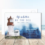Coastal Lighthouse Moving Announcement Postcard<br><div class="desc">Beautiful watercolor new home announcement featuring a coastal red & white lighthouse with a dark blue watercolor wash.</div>