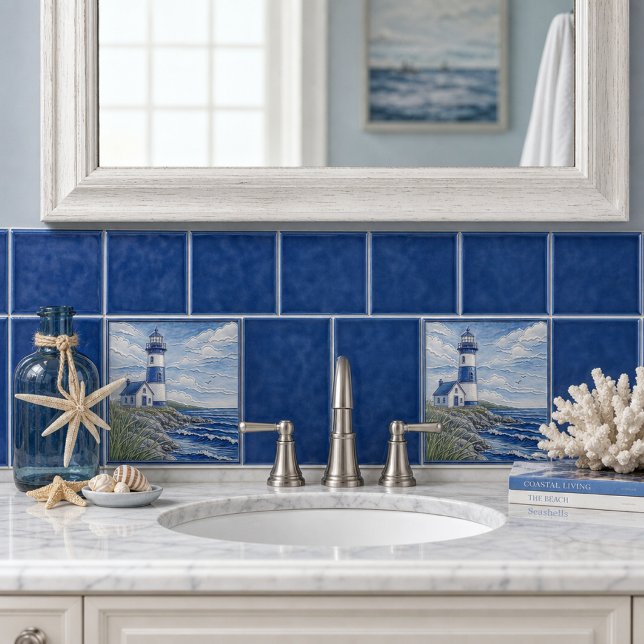Coastal Lighthouse Nautical Blue & White  Tile (Creator Uploaded)