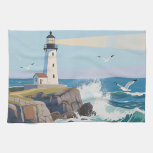 Coastal Lighthouse Ocean Waves Seagulls Kitchen Towel