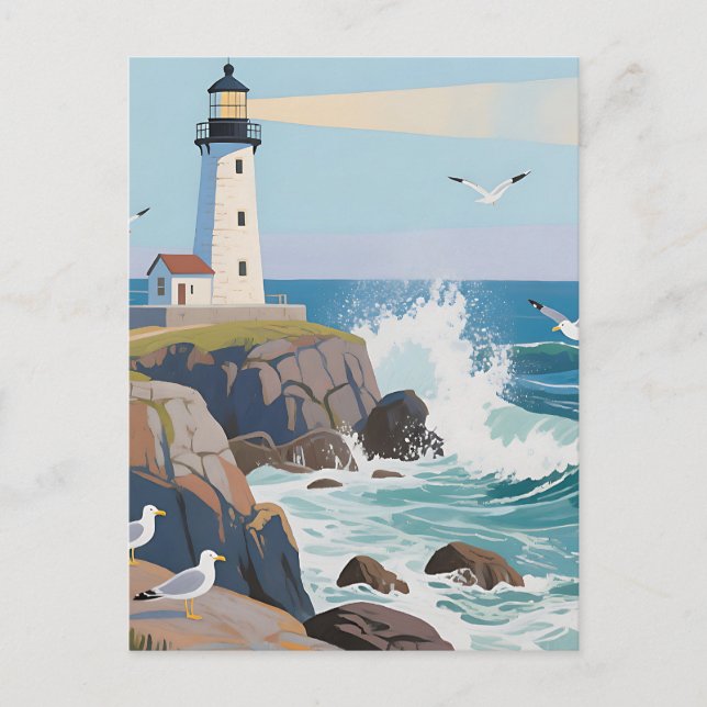 Coastal Lighthouse Ocean Waves Seagulls Postcard (Front)