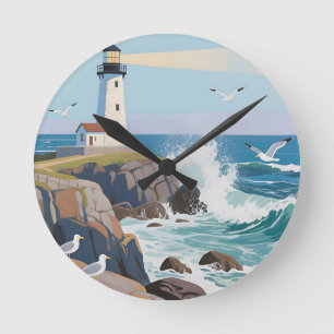Coastal Lighthouse Ocean Waves Seagulls Round Clock