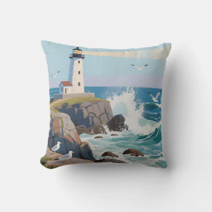 Coastal Lighthouse Ocean Waves Seagulls Throw Pillow
