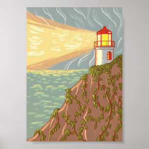 Coastal Lighthouse on Ivy Cliff Art Poster 