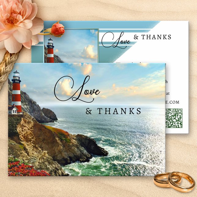 Coastal Lighthouse Photo QR Code Wedding Thank You Card (Creator Uploaded)