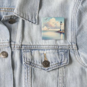 Coastal Lighthouse Seagulls Pastel Sky Serenity 2 Inch Square Button