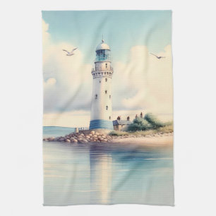 Coastal Lighthouse Seagulls Pastel Sky Serenity Kitchen Towel