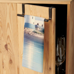 Coastal Lighthouse Seagulls Pastel Sky Serenity Kitchen Towel