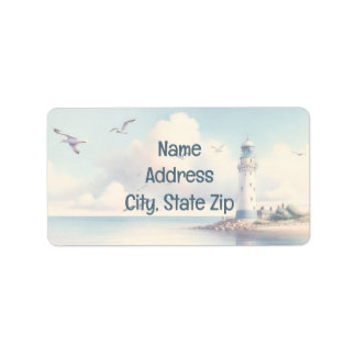 Coastal Lighthouse Seagulls Pastel Sky Serenity Label