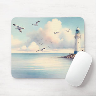 Coastal Lighthouse Seagulls Pastel Sky Serenity Mouse Pad